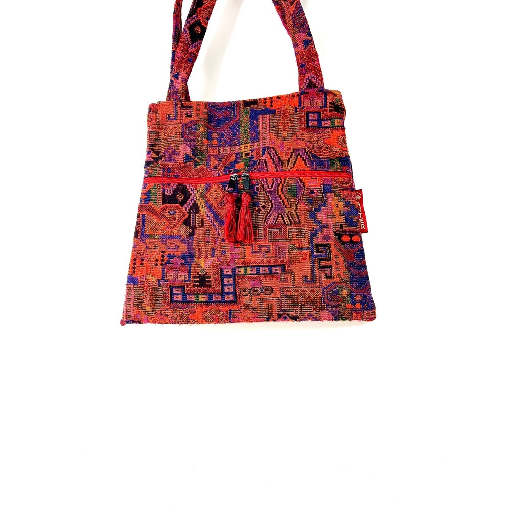 Antter Woven Tapestry Shoulder Bag Red Multi Geometric Boho Tassel Tote
